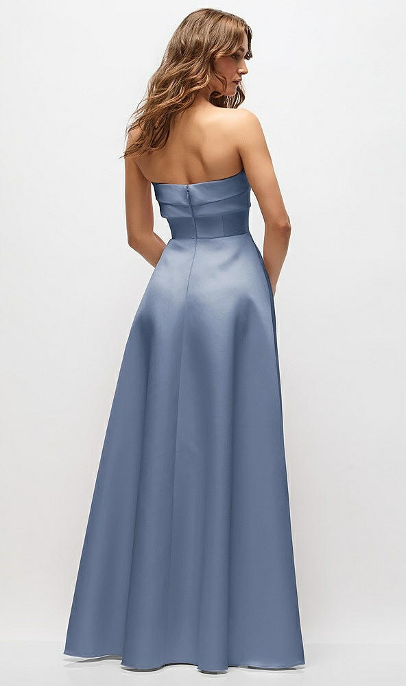 Back View - Larkspur Blue Strapless Twist Cuff Neck Satin Maxi Dress with Basque-Waist & Full Skirt