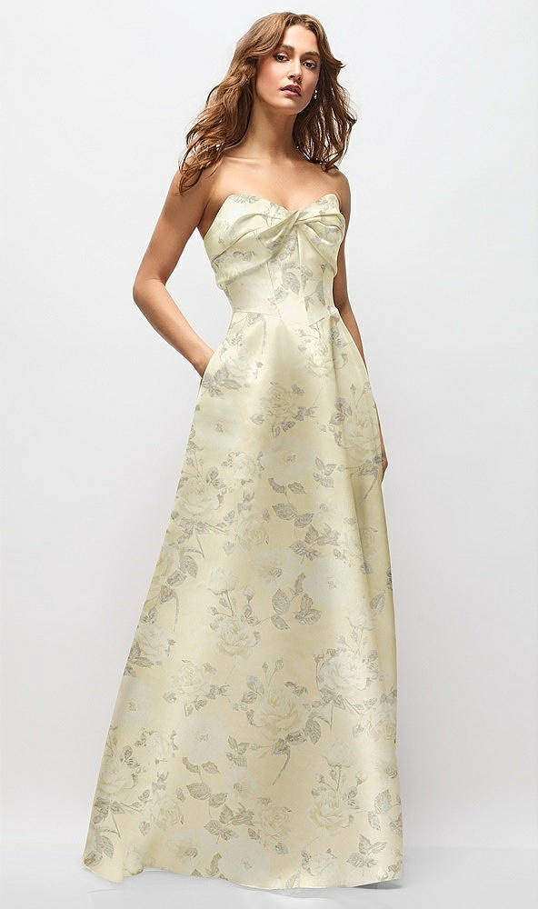 Front View - Butter Yellow Floral Strapless Twist Cuff Neck Floral Satin Maxi Dress with Basque-Waist & Full Skirt