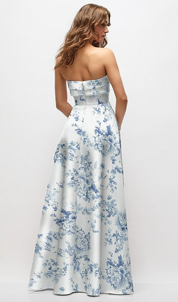 Back View - Cottage Rose Larkspur Strapless Twist Cuff Neck Floral Satin Maxi Dress with Basque-Waist & Full Skirt