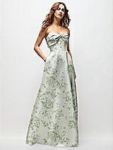 Front View Thumbnail - Sage Cottage Rose Strapless Twist Cuff Neck Floral Satin Maxi Dress with Basque-Waist & Full Skirt