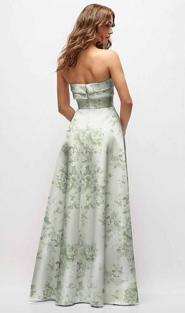 Back View - Sage Cottage Rose Strapless Twist Cuff Neck Floral Satin Maxi Dress with Basque-Waist & Full Skirt