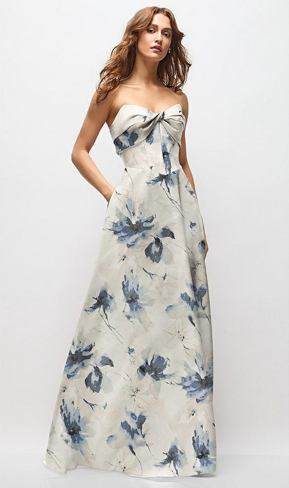 Front View - Inkwash Blue Floral Strapless Twist Cuff Neck Floral Satin Maxi Dress with Basque-Waist & Full Skirt