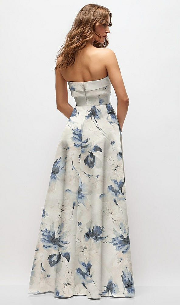 Back View - Inkwash Blue Floral Strapless Twist Cuff Neck Floral Satin Maxi Dress with Basque-Waist & Full Skirt