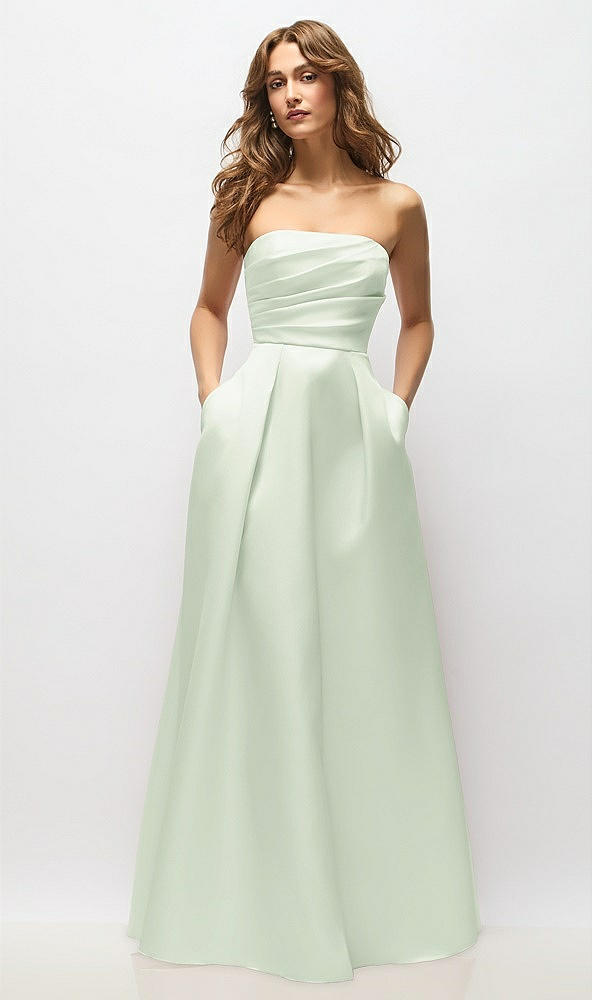 Front View - Mint Green Strapless Hand-Pleated Bodice Satin Maxi Dress with Full Pleated Skirt