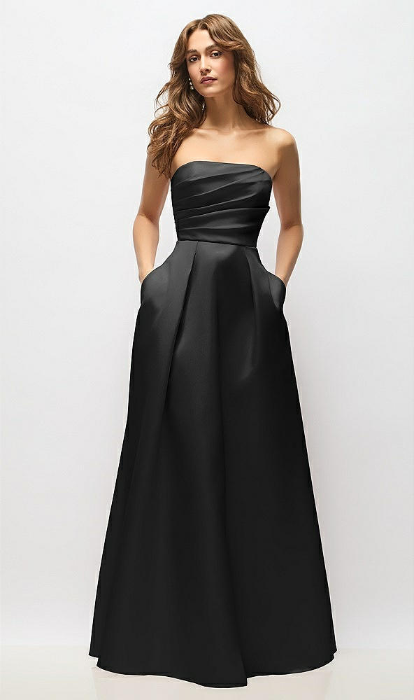 Front View - Black Strapless Hand-Pleated Bodice Satin Maxi Dress with Full Pleated Skirt