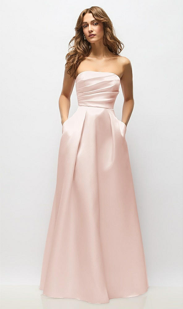 Front View - Blush Strapless Hand-Pleated Bodice Satin Maxi Dress with Full Pleated Skirt