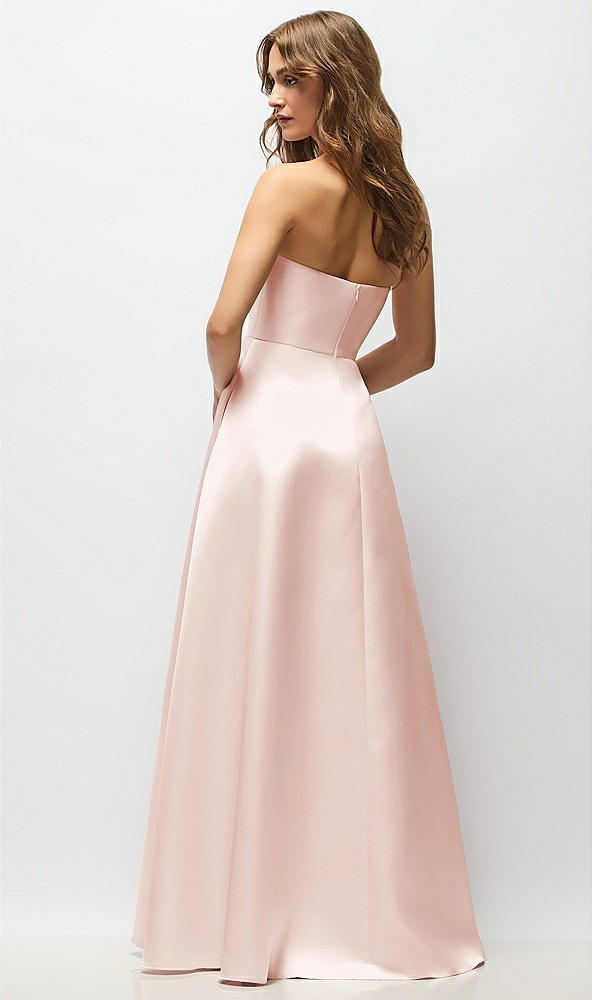 Back View - Blush Strapless Hand-Pleated Bodice Satin Maxi Dress with Full Pleated Skirt