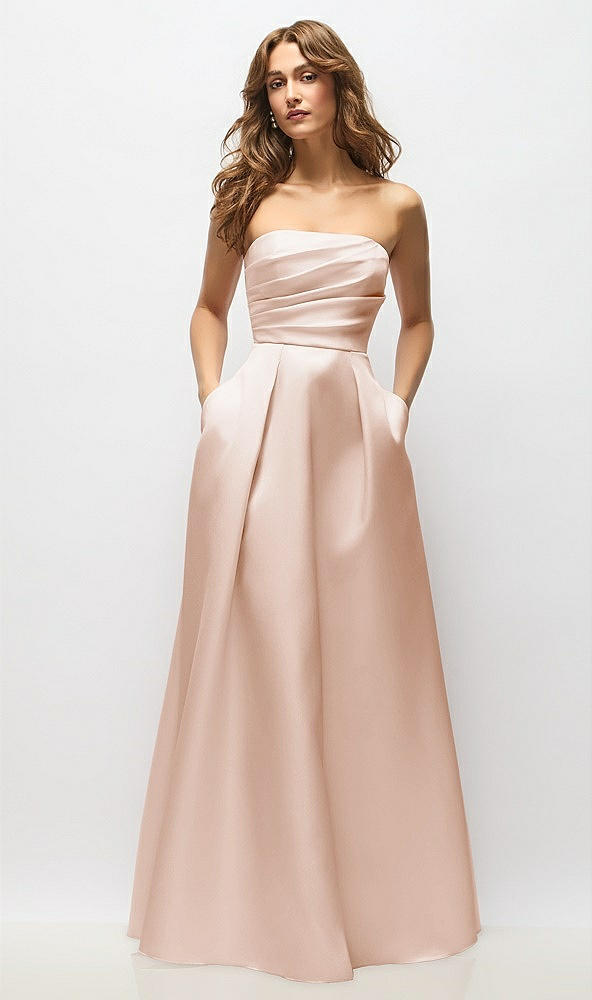 Front View - Cameo Strapless Hand-Pleated Bodice Satin Maxi Dress with Full Pleated Skirt