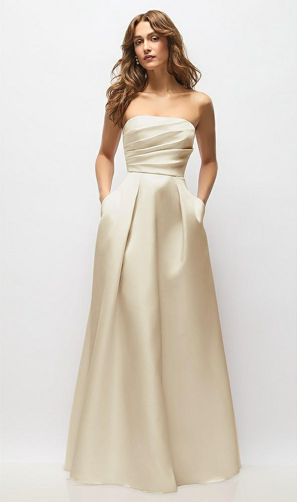 Front View - Champagne Strapless Hand-Pleated Bodice Satin Maxi Dress with Full Pleated Skirt
