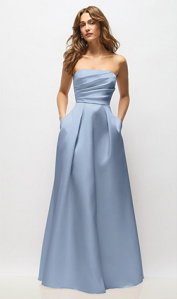 Front View - Cloudy Strapless Hand-Pleated Bodice Satin Maxi Dress with Full Pleated Skirt