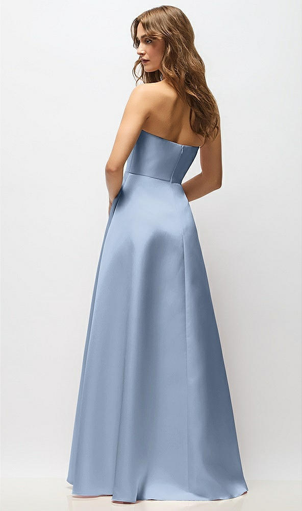 Back View - Cloudy Strapless Hand-Pleated Bodice Satin Maxi Dress with Full Pleated Skirt