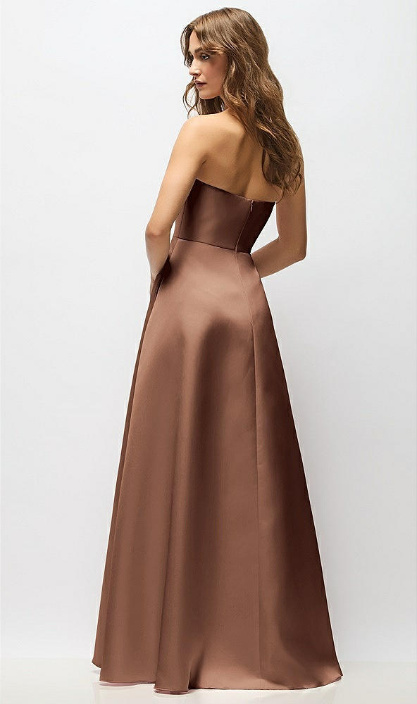 Back View - Cognac Strapless Hand-Pleated Bodice Satin Maxi Dress with Full Pleated Skirt
