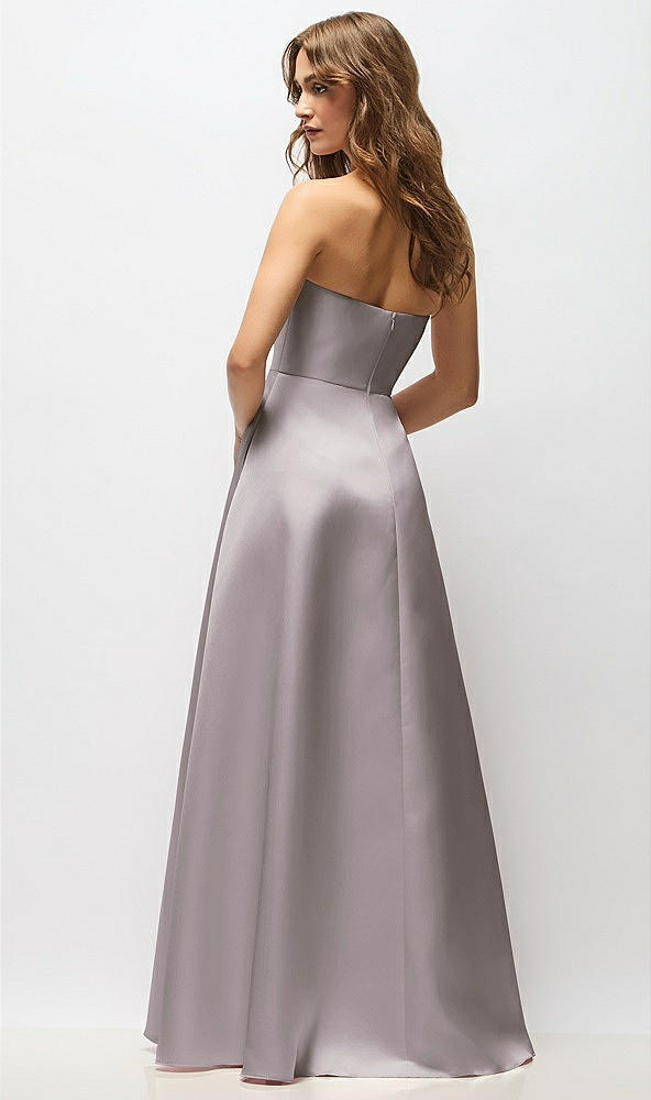Back View - Cashmere Gray Strapless Hand-Pleated Bodice Satin Maxi Dress with Full Pleated Skirt