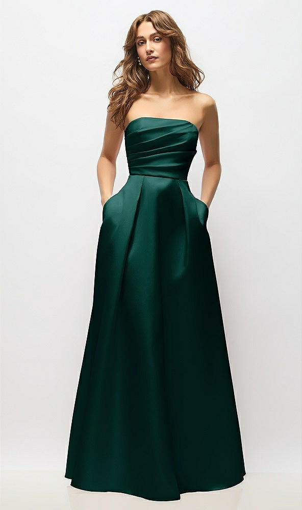 Front View - Evergreen Strapless Hand-Pleated Bodice Satin Maxi Dress with Full Pleated Skirt