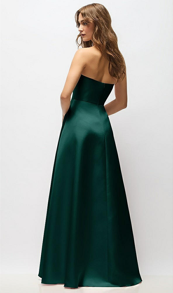 Back View - Evergreen Strapless Hand-Pleated Bodice Satin Maxi Dress with Full Pleated Skirt