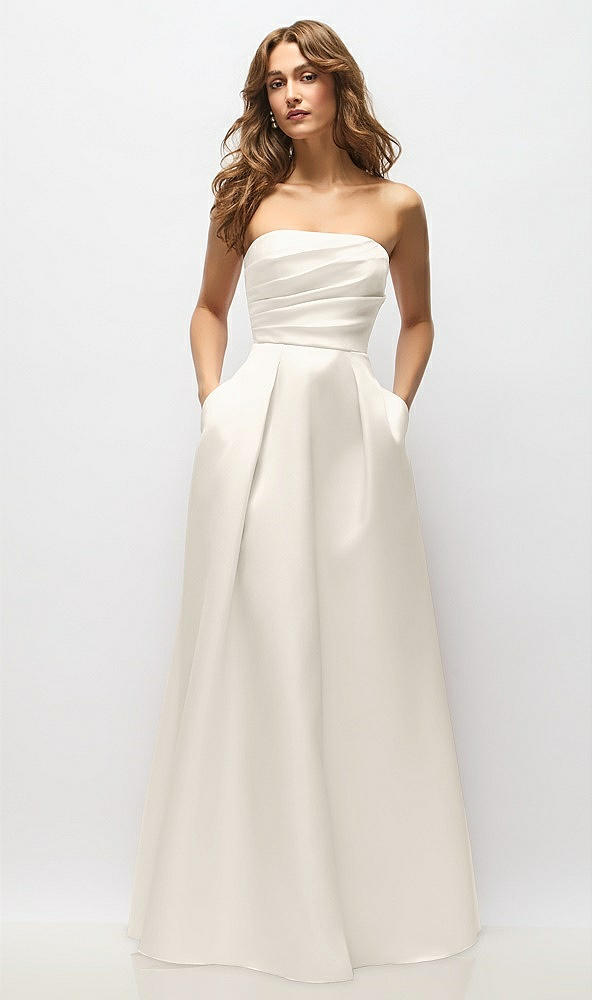 Front View - Ivory Strapless Hand-Pleated Bodice Satin Maxi Dress with Full Pleated Skirt