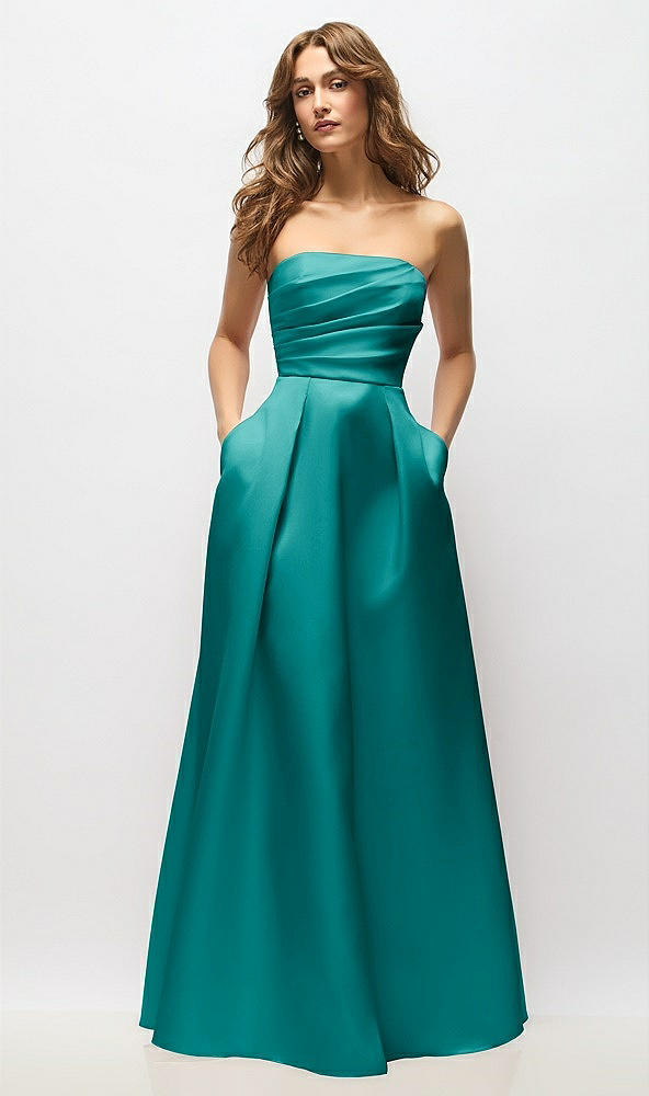 Front View - Jade Strapless Hand-Pleated Bodice Satin Maxi Dress with Full Pleated Skirt