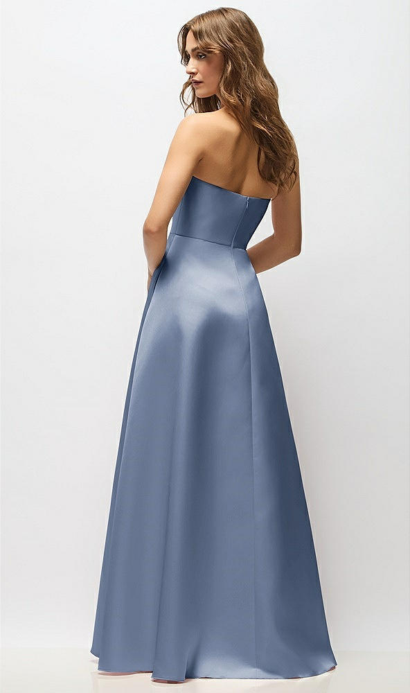 Back View - Larkspur Blue Strapless Hand-Pleated Bodice Satin Maxi Dress with Full Pleated Skirt