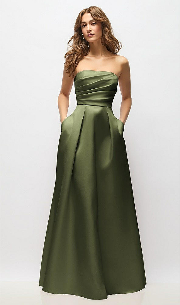 Front View - Olive Green Strapless Hand-Pleated Bodice Satin Maxi Dress with Full Pleated Skirt