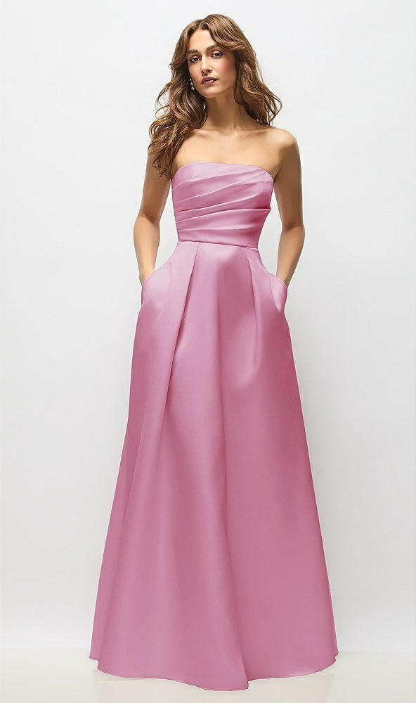 Front View - Powder Pink Strapless Hand-Pleated Bodice Satin Maxi Dress with Full Pleated Skirt