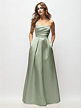 Front View Thumbnail - Sage Strapless Hand-Pleated Bodice Satin Maxi Dress with Full Pleated Skirt