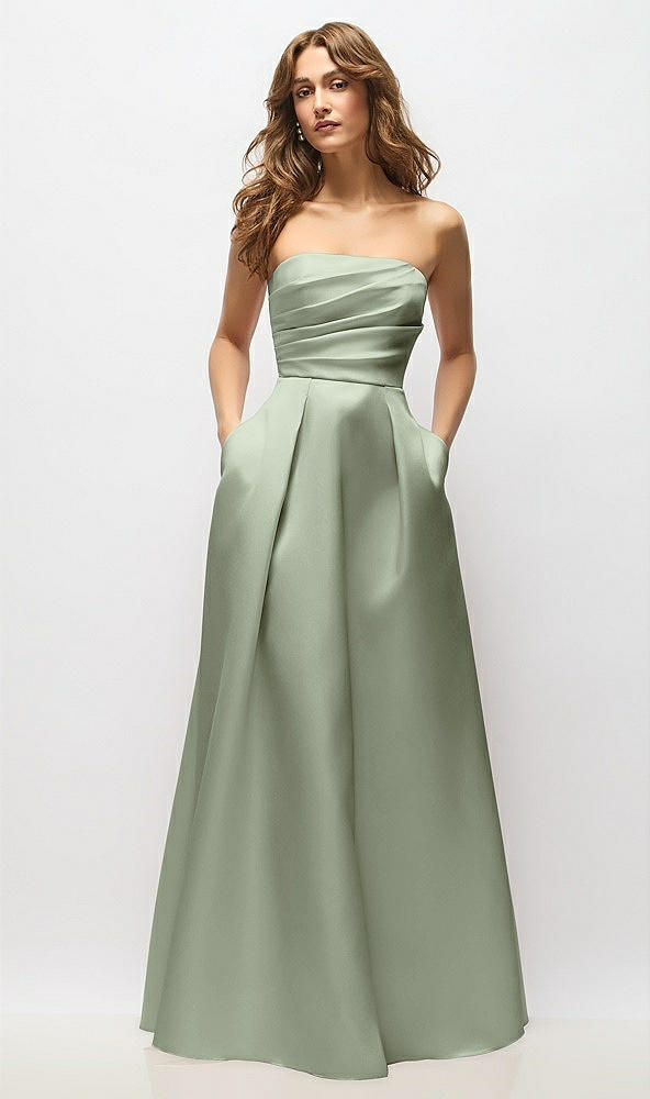 Front View - Sage Strapless Hand-Pleated Bodice Satin Maxi Dress with Full Pleated Skirt