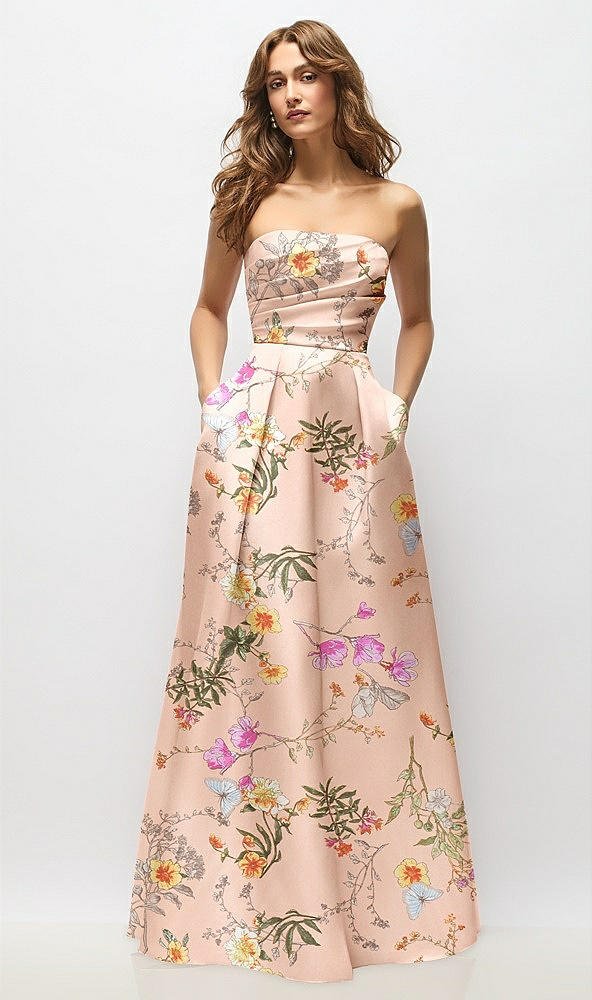 Front View - Butterfly Botanica Pink Sand Strapless Hand-Pleated Bodice Floral Satin Maxi Dress with Full Pleated Skirt