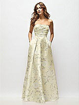 Front View Thumbnail - Butter Yellow Floral Strapless Hand-Pleated Bodice Floral Satin Maxi Dress with Full Pleated Skirt