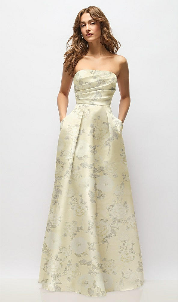 Front View - Butter Yellow Floral Strapless Hand-Pleated Bodice Floral Satin Maxi Dress with Full Pleated Skirt