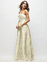 Side View Thumbnail - Butter Yellow Floral Strapless Hand-Pleated Bodice Floral Satin Maxi Dress with Full Pleated Skirt