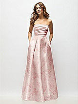 Front View Thumbnail - Bow And Blossom Print Strapless Hand-Pleated Bodice Floral Satin Maxi Dress with Full Pleated Skirt
