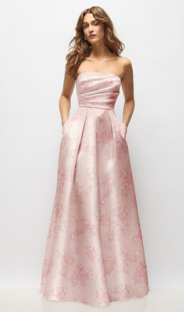 Front View - Bow And Blossom Print Strapless Hand-Pleated Bodice Floral Satin Maxi Dress with Full Pleated Skirt