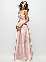 Side View Thumbnail - Bow And Blossom Print Strapless Hand-Pleated Bodice Floral Satin Maxi Dress with Full Pleated Skirt
