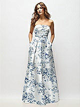 Front View Thumbnail - Cottage Rose Larkspur Strapless Hand-Pleated Bodice Floral Satin Maxi Dress with Full Pleated Skirt