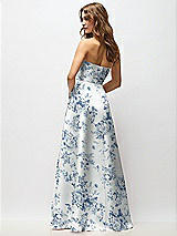 Rear View Thumbnail - Cottage Rose Larkspur Strapless Hand-Pleated Bodice Floral Satin Maxi Dress with Full Pleated Skirt