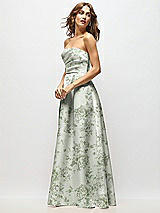 Side View Thumbnail - Sage Cottage Rose Strapless Hand-Pleated Bodice Floral Satin Maxi Dress with Full Pleated Skirt