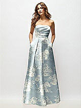 Front View Thumbnail - Porcelain Blue Seraphina Floral Strapless Hand-Pleated Bodice Floral Satin Maxi Dress with Full Pleated Skirt