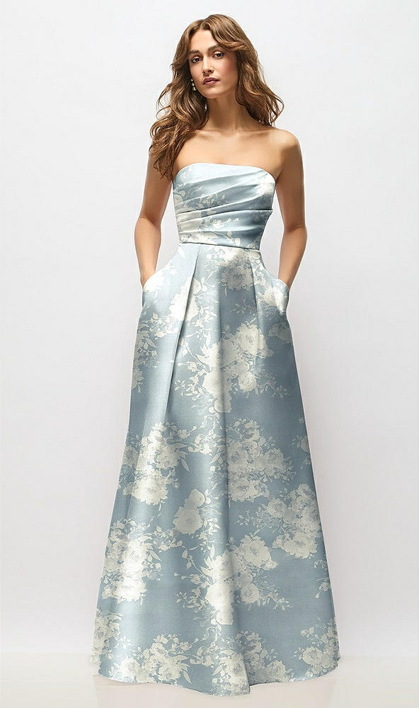Front View - Porcelain Blue Seraphina Floral Strapless Hand-Pleated Bodice Floral Satin Maxi Dress with Full Pleated Skirt