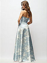Rear View Thumbnail - Porcelain Blue Seraphina Floral Strapless Hand-Pleated Bodice Floral Satin Maxi Dress with Full Pleated Skirt