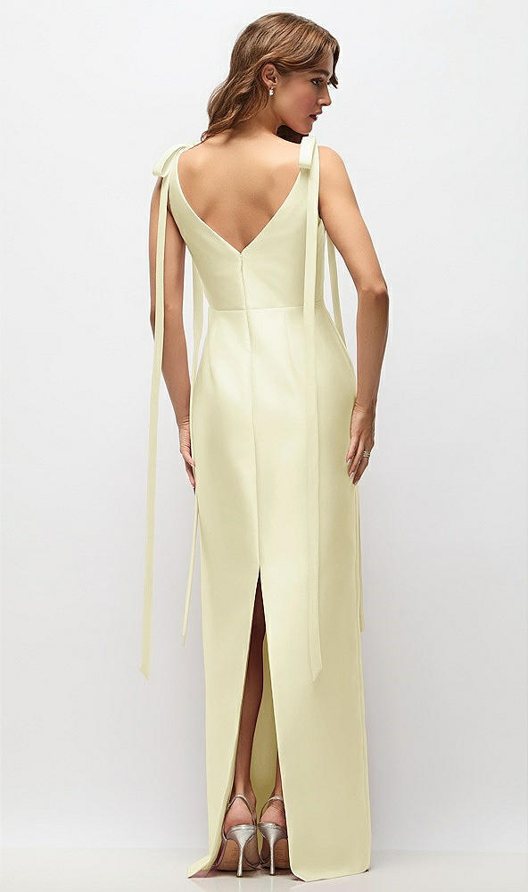 Back View - Butter Yellow Bateau Neck Satin Column Maxi Dress with Exaggerated Tail Bow Straps