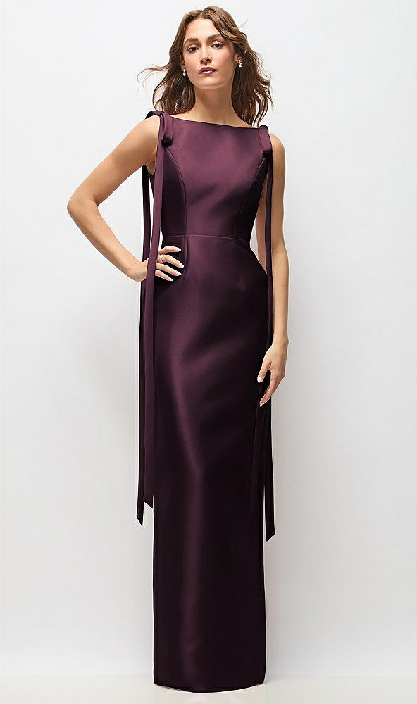 Front View - Deep Plum Bateau Neck Satin Column Maxi Dress with Exaggerated Tail Bow Straps