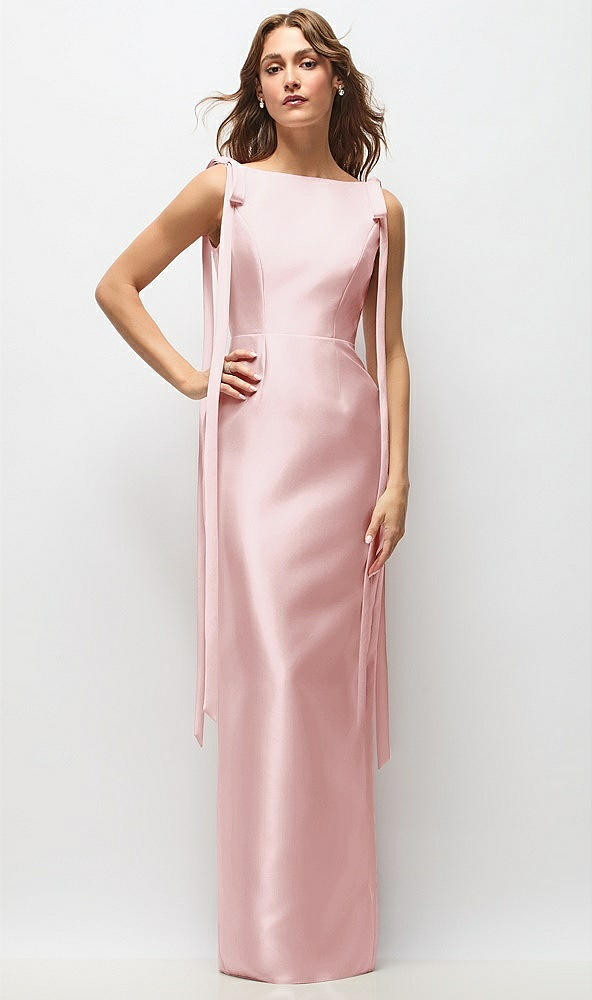 Front View - Ballet Pink Bateau Neck Satin Column Maxi Dress with Exaggerated Tail Bow Straps