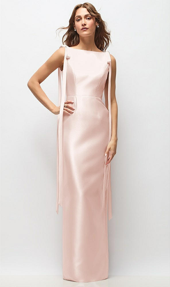 Front View - Blush Bateau Neck Satin Column Maxi Dress with Exaggerated Tail Bow Straps