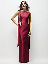 Front View Thumbnail - Burgundy Bateau Neck Satin Column Maxi Dress with Exaggerated Tail Bow Straps