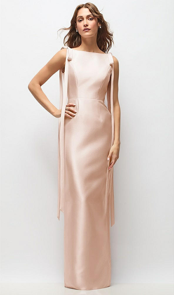 Front View - Cameo Bateau Neck Satin Column Maxi Dress with Exaggerated Tail Bow Straps