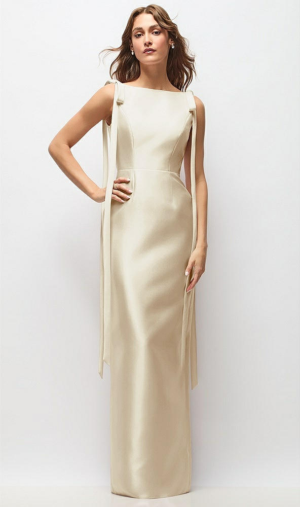 Front View - Champagne Bateau Neck Satin Column Maxi Dress with Exaggerated Tail Bow Straps