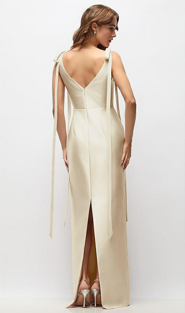 Back View - Champagne Bateau Neck Satin Column Maxi Dress with Exaggerated Tail Bow Straps