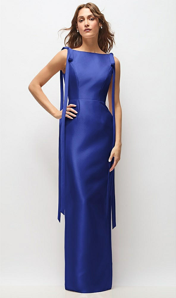 Front View - Cobalt Blue Bateau Neck Satin Column Maxi Dress with Exaggerated Tail Bow Straps