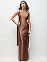 Front View Thumbnail - Cognac Bateau Neck Satin Column Maxi Dress with Exaggerated Tail Bow Straps