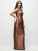 Side View Thumbnail - Cognac Bateau Neck Satin Column Maxi Dress with Exaggerated Tail Bow Straps